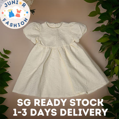 Girl's Dress 2023 Summer New Cute Pearl Collar Bubble Sleeves Beige Princess Dress