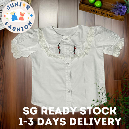 2023 Summer New Doll Collar Cute Embroidered Girl's Shirt with Fashionable Bubble Sleeves