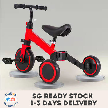 3-in-1 kids convertible tricycle with balance bike and walker modes, and detachable pedals, featuring easy-to-switch creative transformation modes