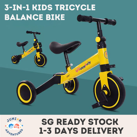 3-in-1 kids convertible tricycle with balance bike and walker modes, and detachable pedals, featuring easy-to-switch creative transformation modes