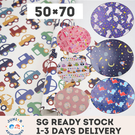Gift wrapping service with cartoon birthday present wrapping paper sheets, kindergarten craft paper