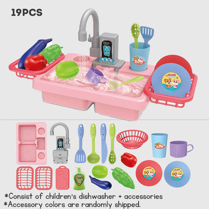 Kids Dishwasher Toy Set with Electric Faucet Pretend Play Washing Vegetables Dishes Ideal Gift for Pretend Play
