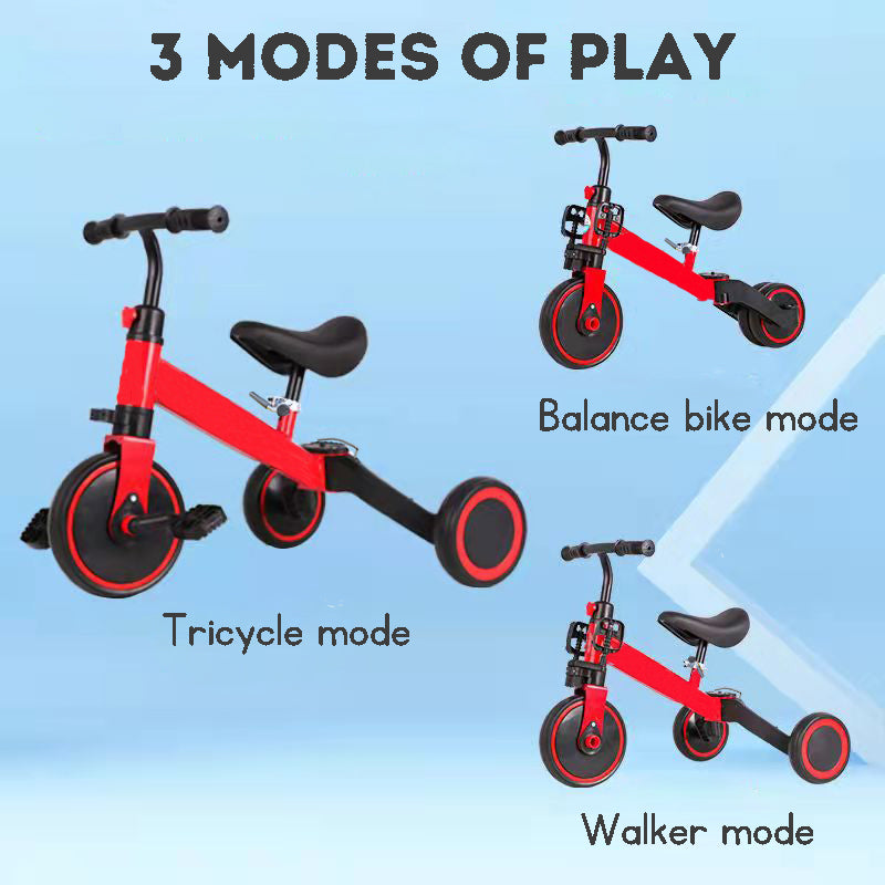 3-in-1 kids convertible tricycle with balance bike and walker modes, and detachable pedals, featuring easy-to-switch creative transformation modes