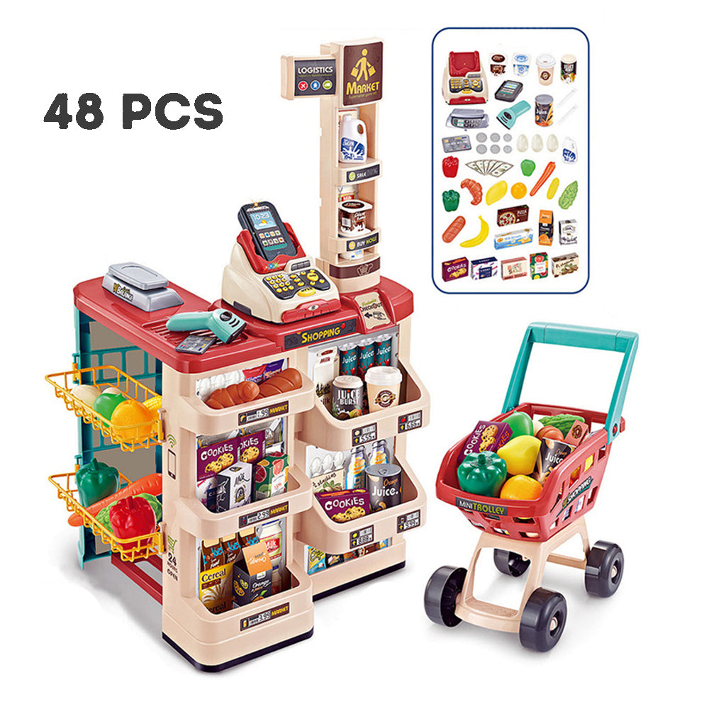 Kid's Pretend Shopping Toy Cart Set Shopping Cart Cashier Ice Cream Stand Toy Set Pretend Play Boys Girls Birthday Gift