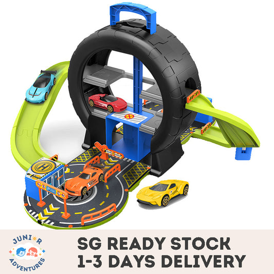 Kids Tire Track Parking Lot Toy – Car Playset with Manual Elevator | Portable Birthday Gift for Boys