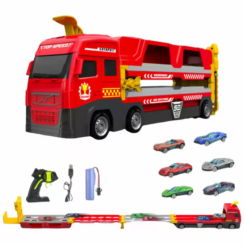 Remote Control Transport Truck Catapult Track Car Toy with Alloy Die-Cast Cars, Engineering Vehicle Racing Toy for Boys