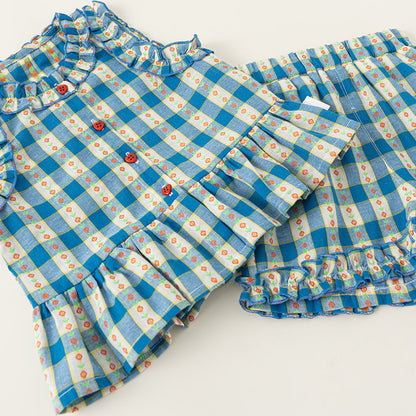 Baby Girl Clothes Set Blue Plaid Top and Shorts Summer  Sleeveless Flower Neckline 2-6Y