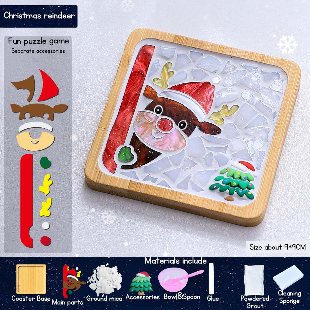 Christmas DIY Mosaic Coaster Making Kit Santa Claus Reindeer Xmas Tree Handmade Art Craft Set for Kids Christmas Gift Home Decoration