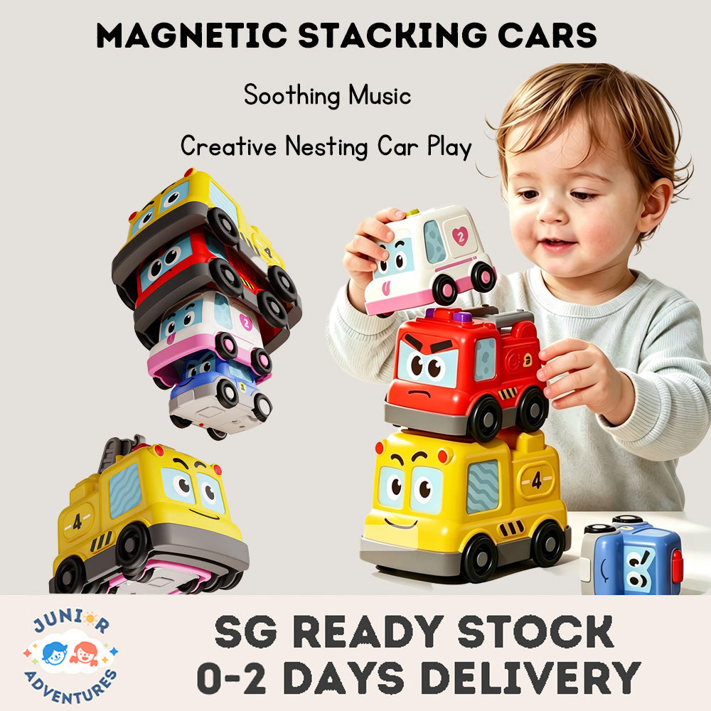 Montessori Toy Cars, Stacking Nesting Toy Cars, Sensory Light Music Toy, Magnetic Following Cars, STEM Educational Car Toy, Christmas Birthday Gifts for Baby