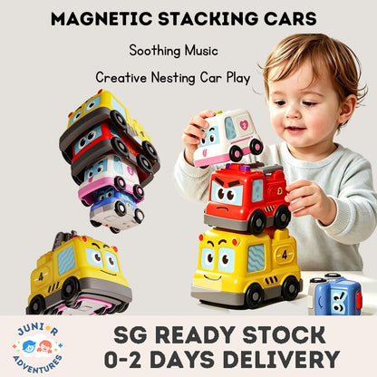 Montessori Toy Cars, Stacking Nesting Toy Cars, Sensory Light Music Toy, Magnetic Following Cars, STEM Educational Car Toy, Christmas Birthday Gifts for Baby