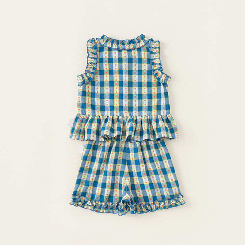 Baby Girl Clothes Set Blue Plaid Top and Shorts Summer  Sleeveless Flower Neckline 2-6Y