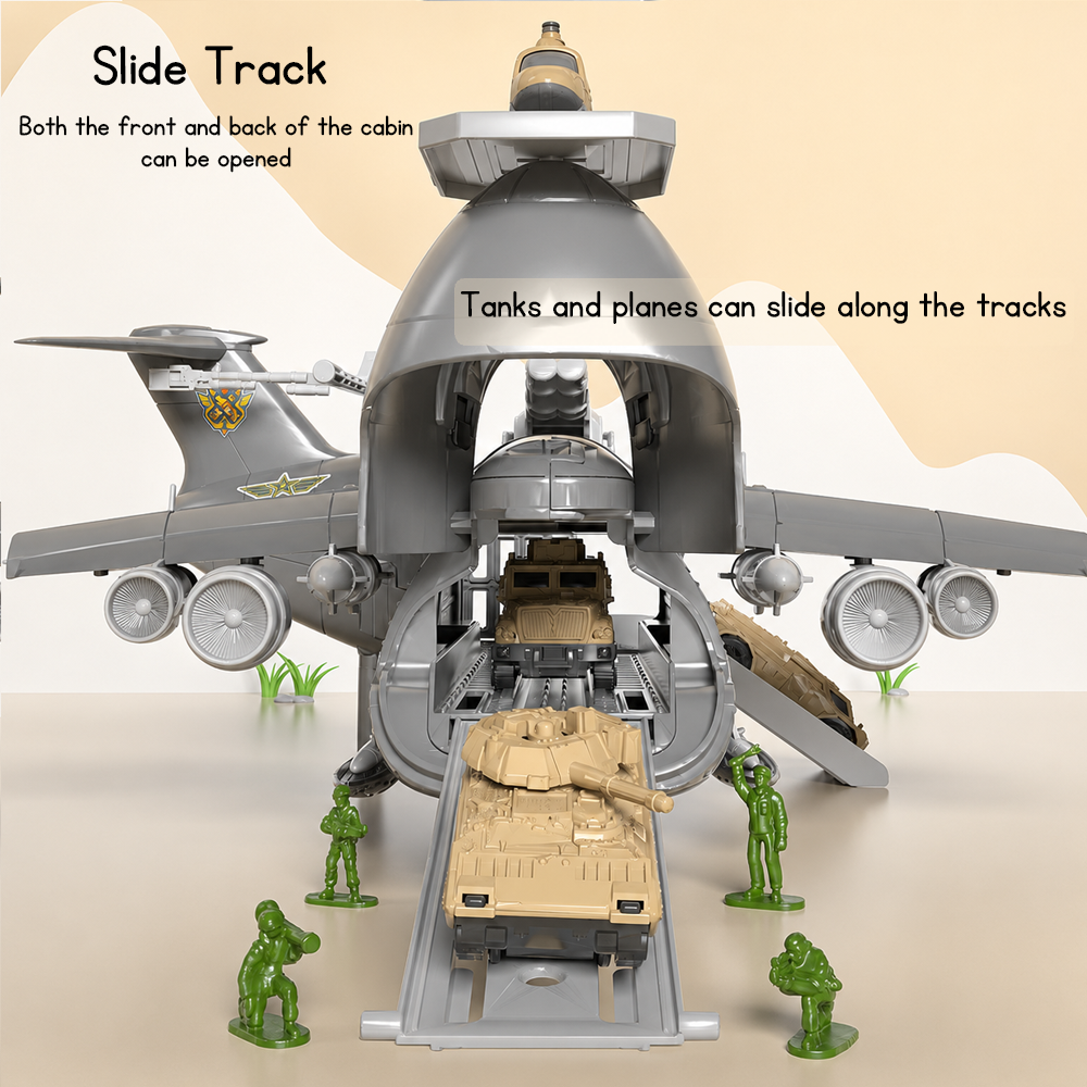 Detachable Military Aircraft Army Base Storage Playset with Action Figures, Tank, Helicopter, Toy Car, Airplane Toy, Vehicles, Accessories and Game Map