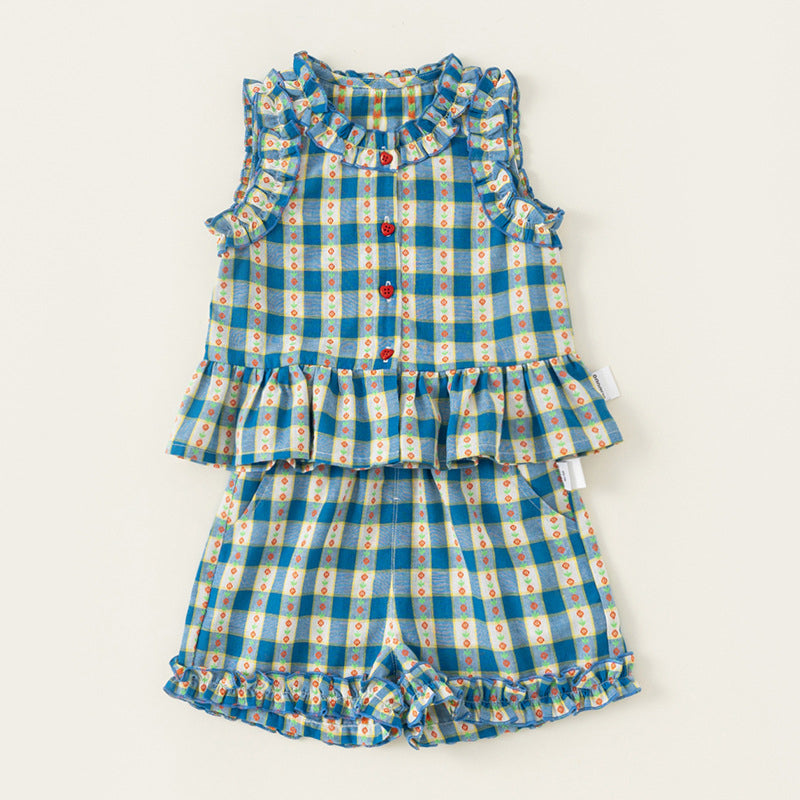 Baby Girl Clothes Set Blue Plaid Top and Shorts Summer  Sleeveless Flower Neckline 2-6Y