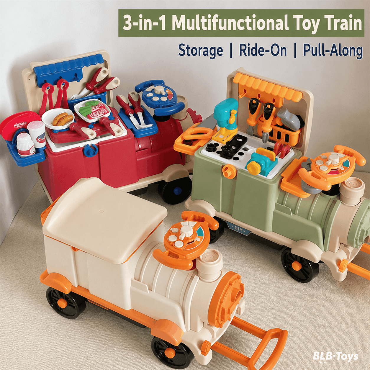 Kids ride on train toy colorful multifunctional storage train simulation kitchen with music