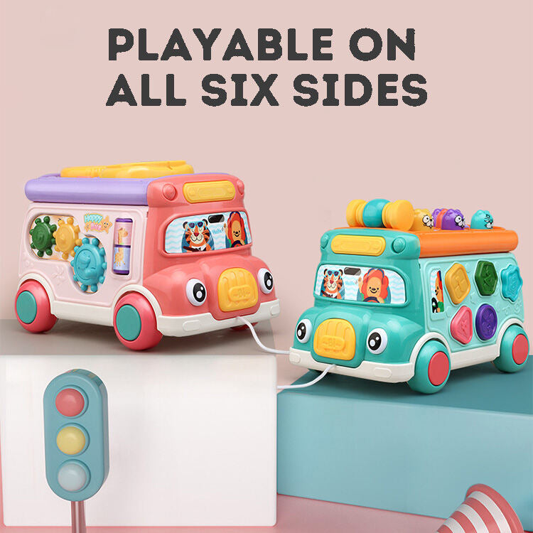 Cartoon Bus Whac-a-Mole: Multi-mode, Bilingual Switching, Puzzle Type Early Learning Toy Car with Pulling Function