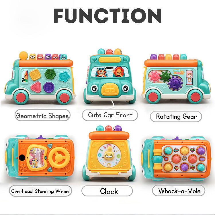 Cartoon Bus Whac-a-Mole: Multi-mode, Bilingual Switching, Puzzle Type Early Learning Toy Car with Pulling Function