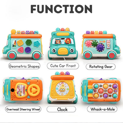 Cartoon Bus Whac-a-Mole: Multi-mode, Bilingual Switching, Puzzle Type Early Learning Toy Car with Pulling Function