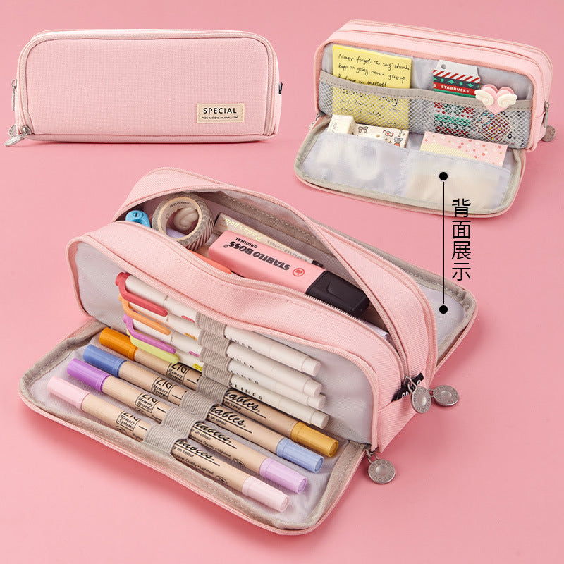 Multiple styles of minimalist solid-colored candy-colored large capacity stationery cases, creative student multi-functional canvas pencil cases that are washable.