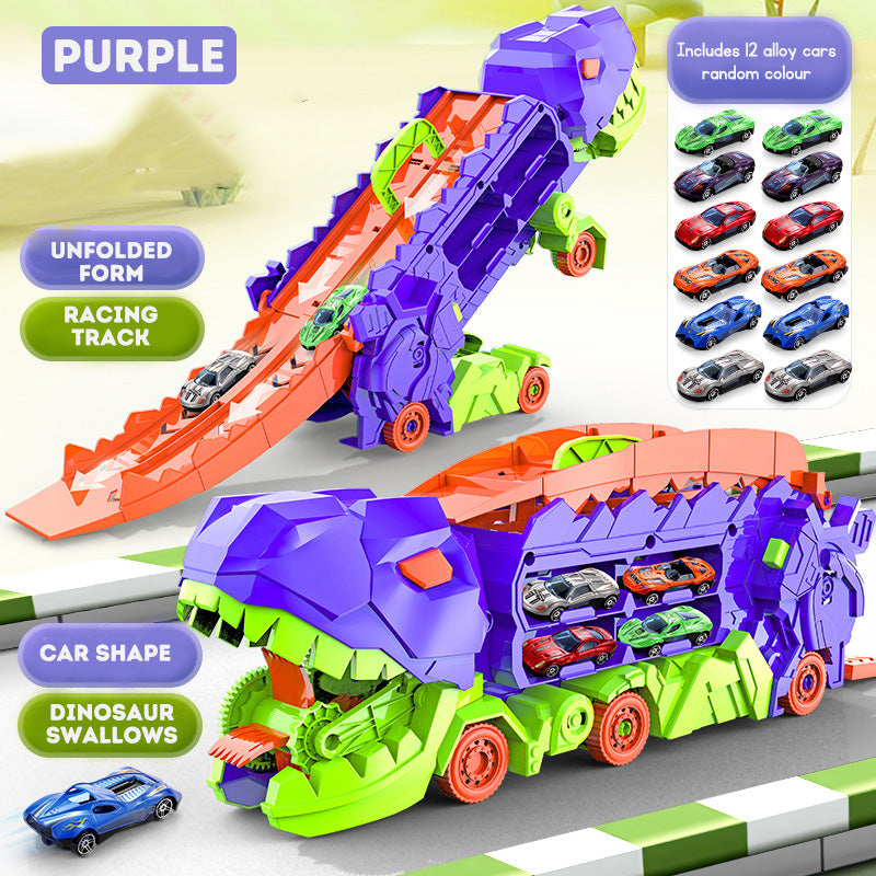 Dinosaur Truck Transforming Eating Cars Catapult Track Toy Sliding with 12 Alloy Cars Dinosaur Toy Car Toy