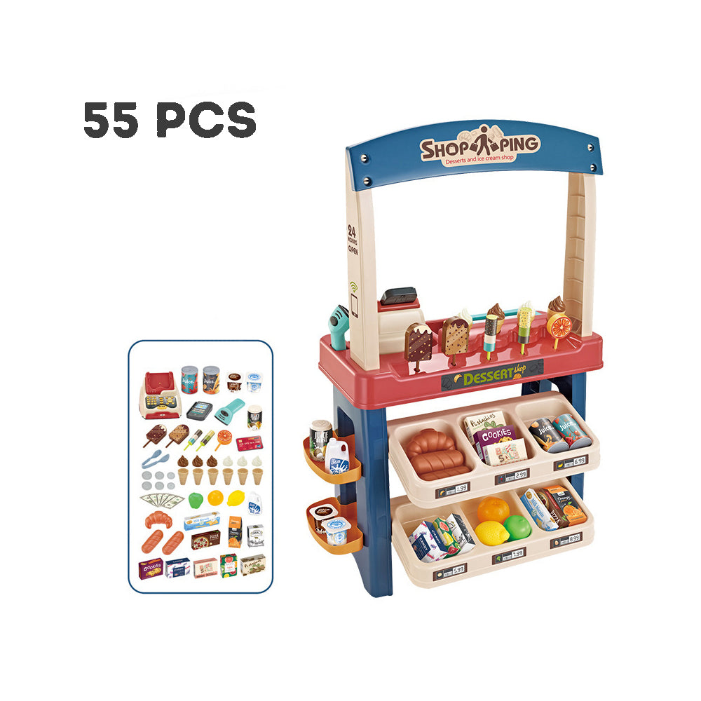 Kid's Pretend Shopping Toy Cart Set Shopping Cart Cashier Ice Cream Stand Toy Set Pretend Play Boys Girls Birthday Gift