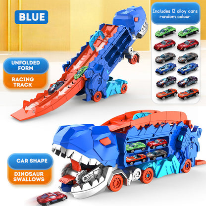 Dinosaur Truck Transforming Eating Cars Catapult Track Toy Sliding with 12 Alloy Cars Dinosaur Toy Car Toy