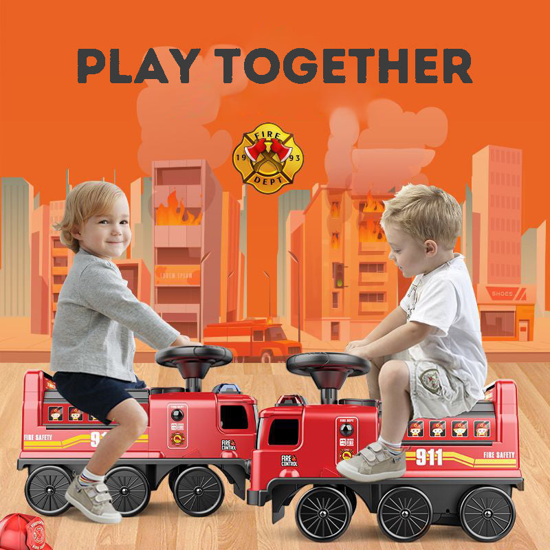 Multifunctional 2-in-1 Simulated Fire Truck and Police Car Ride-on Transformable Toy Car with Colorful Lights, Music, Stories, and Siren Sound Effects