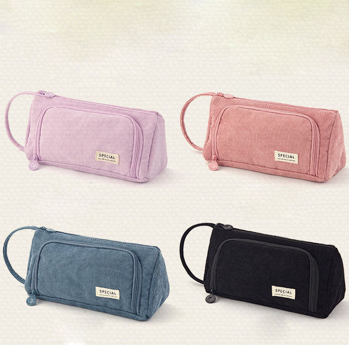 Large capacity corduroy solid color pencil case, simple and lovely student multifunctional stationery pouch/pencil box