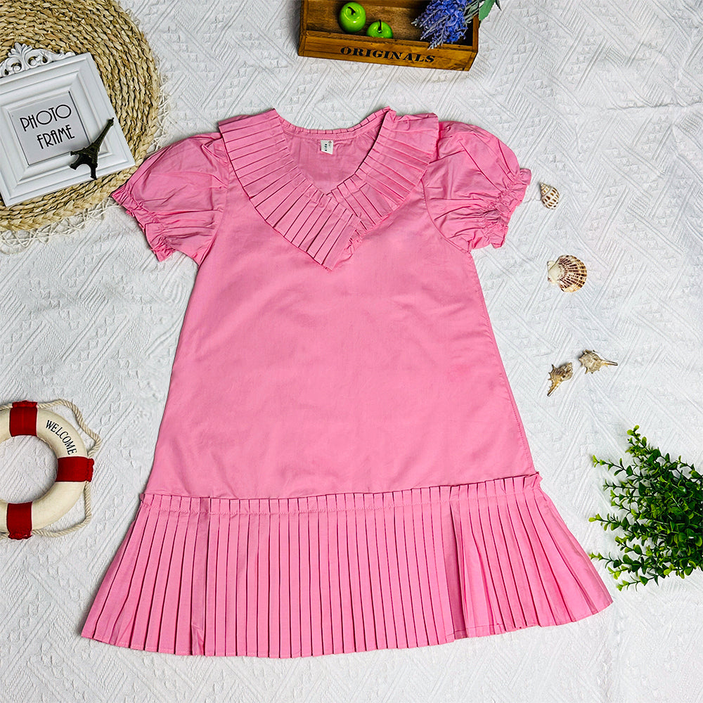 2023 Summer New Korean Style Sweet Bubble Sleeve Loose Slimming Pleated Dress for Girls