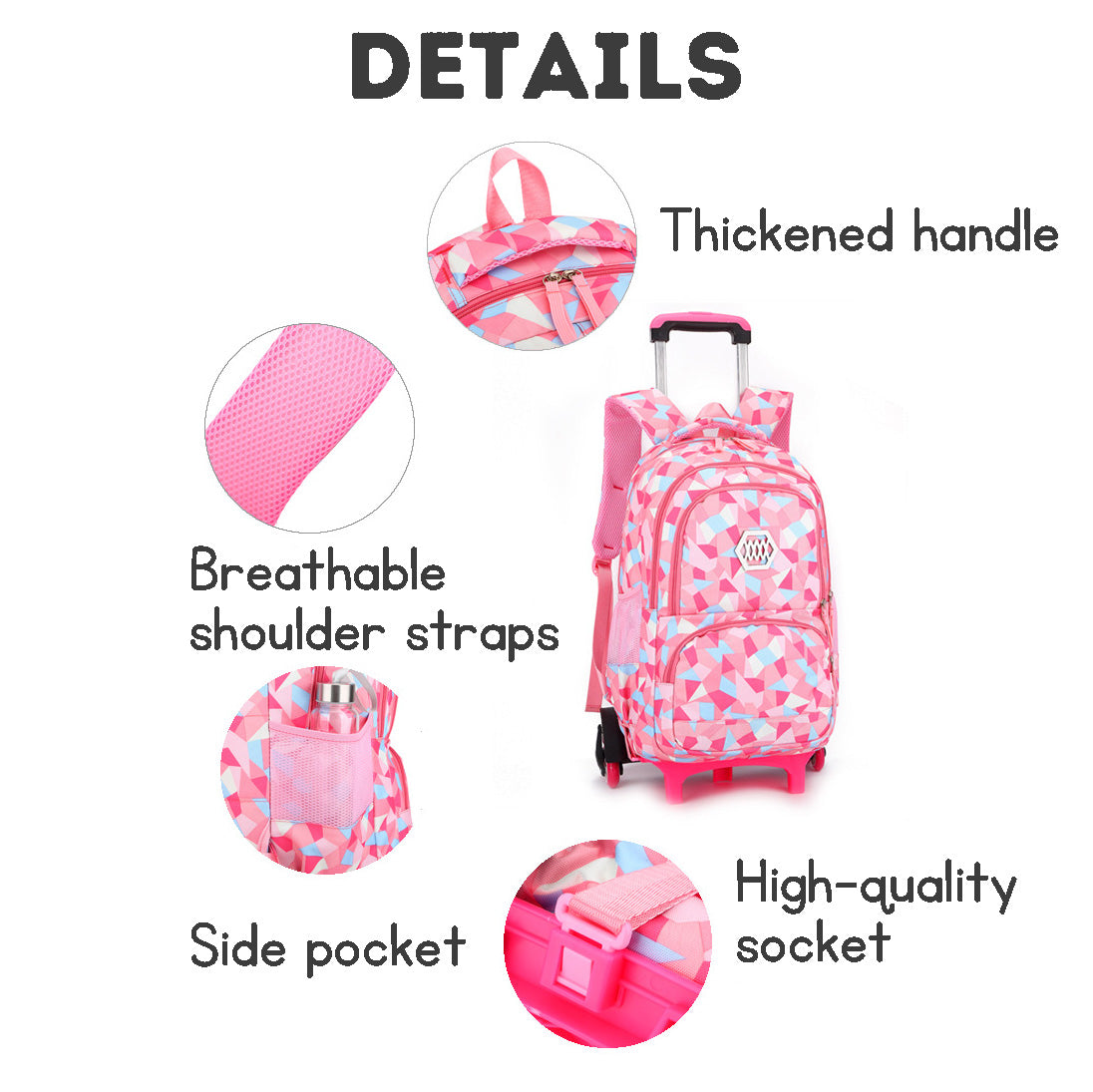 Pink Multi-functional Rolling Backpack with Large Capacity, Easy Detachment, a Must-have for Students and Travelers