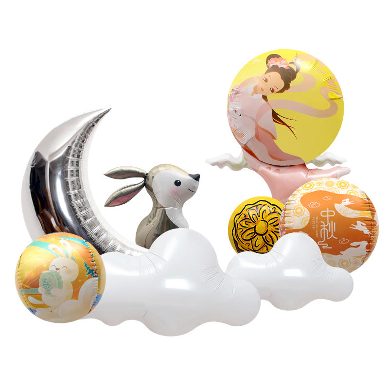 Mid-Autumn Festival Decorative Balloon for Photos - Cute Cartoon Rabbit Aluminum Foil Balloon Toy with Chang'e Mooncake Design