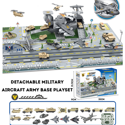 Detachable Military Aircraft Army Base Storage Playset with Action Figures, Tank, Helicopter, Toy Car, Airplane Toy, Vehicles, Accessories and Game Map