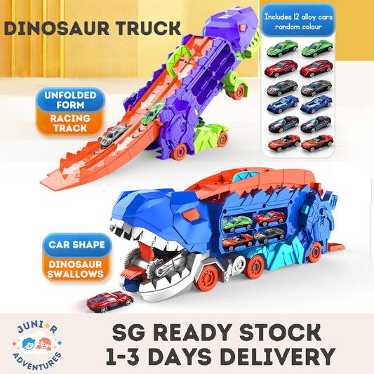 Dinosaur Truck Transforming Eating Cars Catapult Track Toy Sliding with 12 Alloy Cars Dinosaur Toy Car Toy