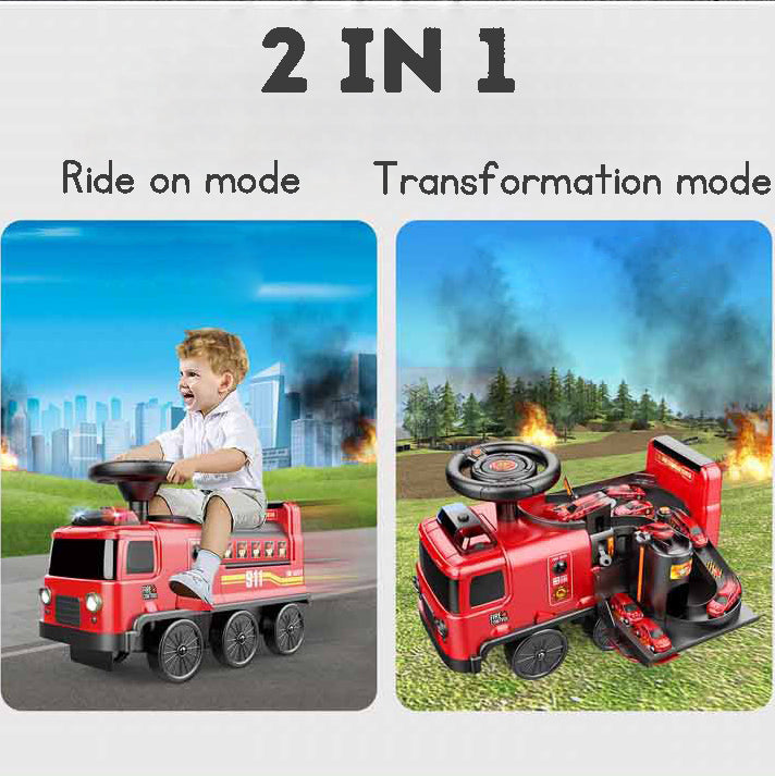 Multifunctional 2-in-1 Simulated Fire Truck and Police Car Ride-on Transformable Toy Car with Colorful Lights, Music, Stories, and Siren Sound Effects