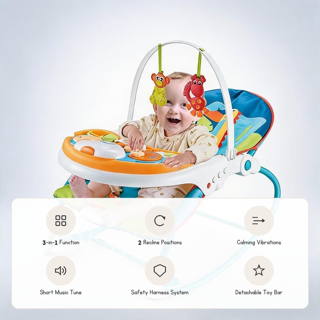 [SG Stock🚚] Infant To Toddler 3 In 1 Rocker Dining Chair Adjustable Recline Calming Vibration Detachable Toy Bar