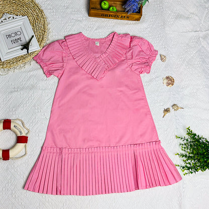 2023 Summer New Korean Style Sweet Bubble Sleeve Loose Slimming Pleated Dress for Girls