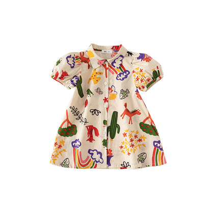 Polo Collar Cartoon Print Dress - 2023 Summer New Arrival Girls' Beach Play Dress