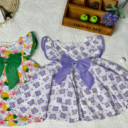 2023 Summer New Cute Flutter Sleeve Dress for Girls with Butterfly Bow and Floral Pattern