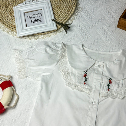 2023 Summer New Doll Collar Cute Embroidered Girl's Shirt with Fashionable Bubble Sleeves