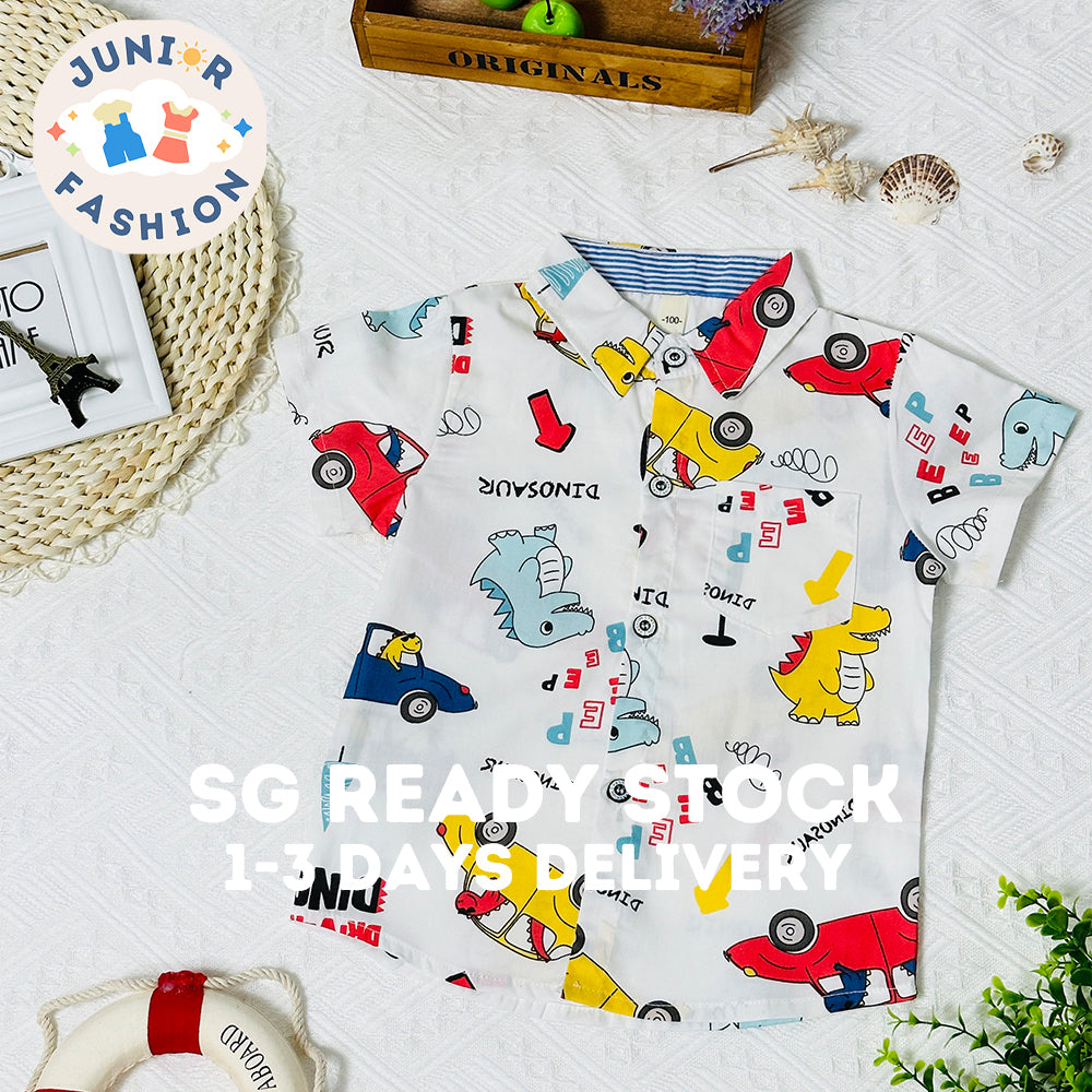 2023 Summer New Trendy Cartoon Car Dinosaur Top Fashion Casual Boys' Clothing