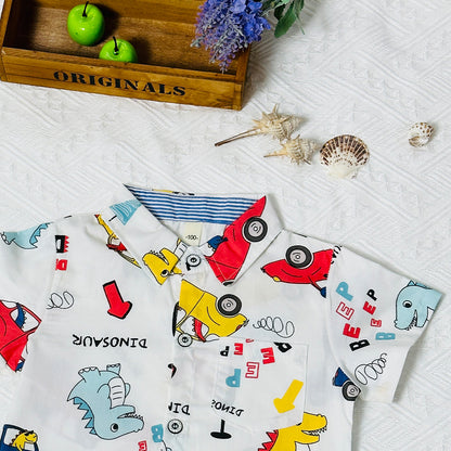 2023 Summer New Trendy Cartoon Car Dinosaur Top Fashion Casual Boys' Clothing