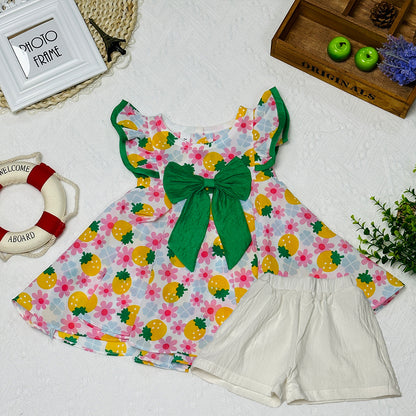 2023 Summer New Cute Flutter Sleeve Dress for Girls with Butterfly Bow and Floral Pattern