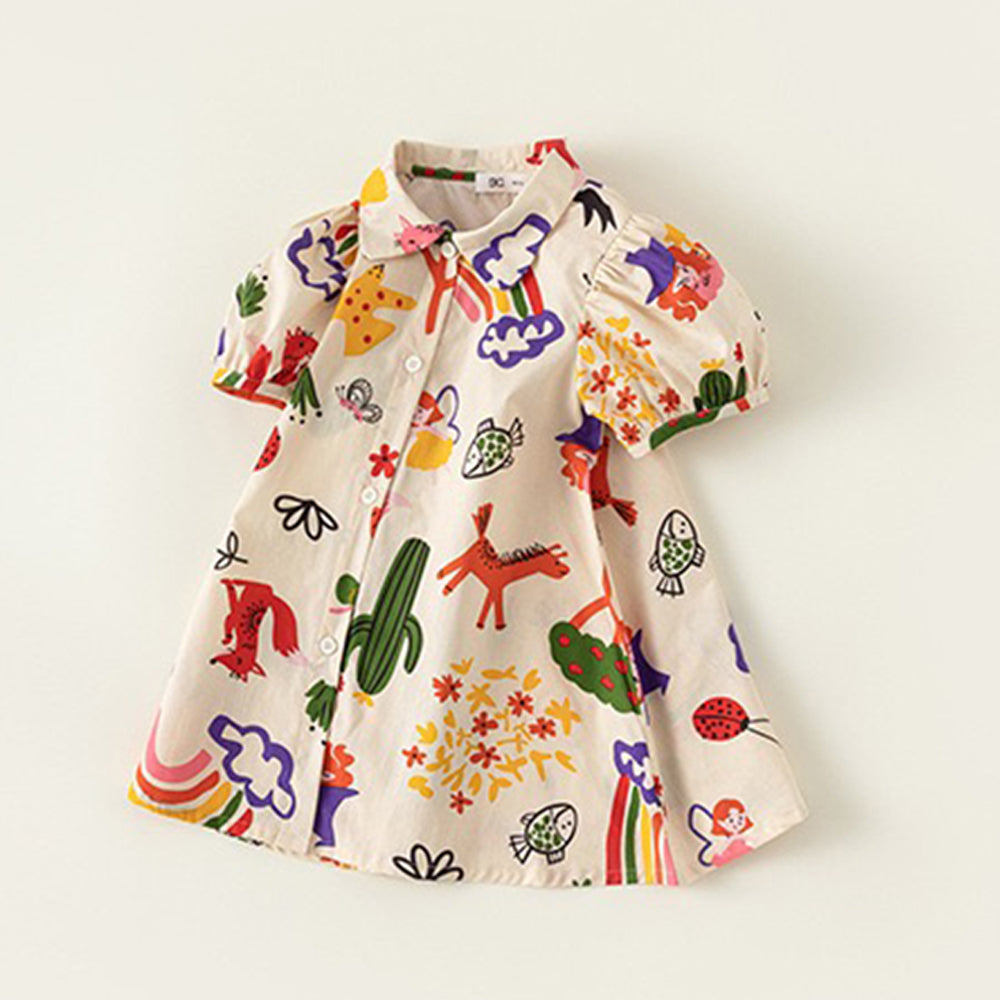 Polo Collar Cartoon Print Dress - 2023 Summer New Arrival Girls' Beach Play Dress