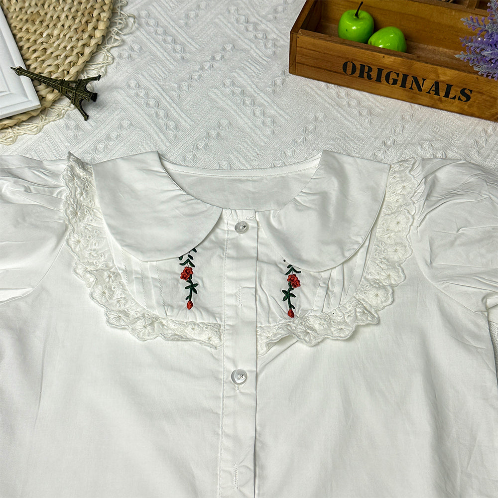 2023 Summer New Doll Collar Cute Embroidered Girl's Shirt with Fashionable Bubble Sleeves