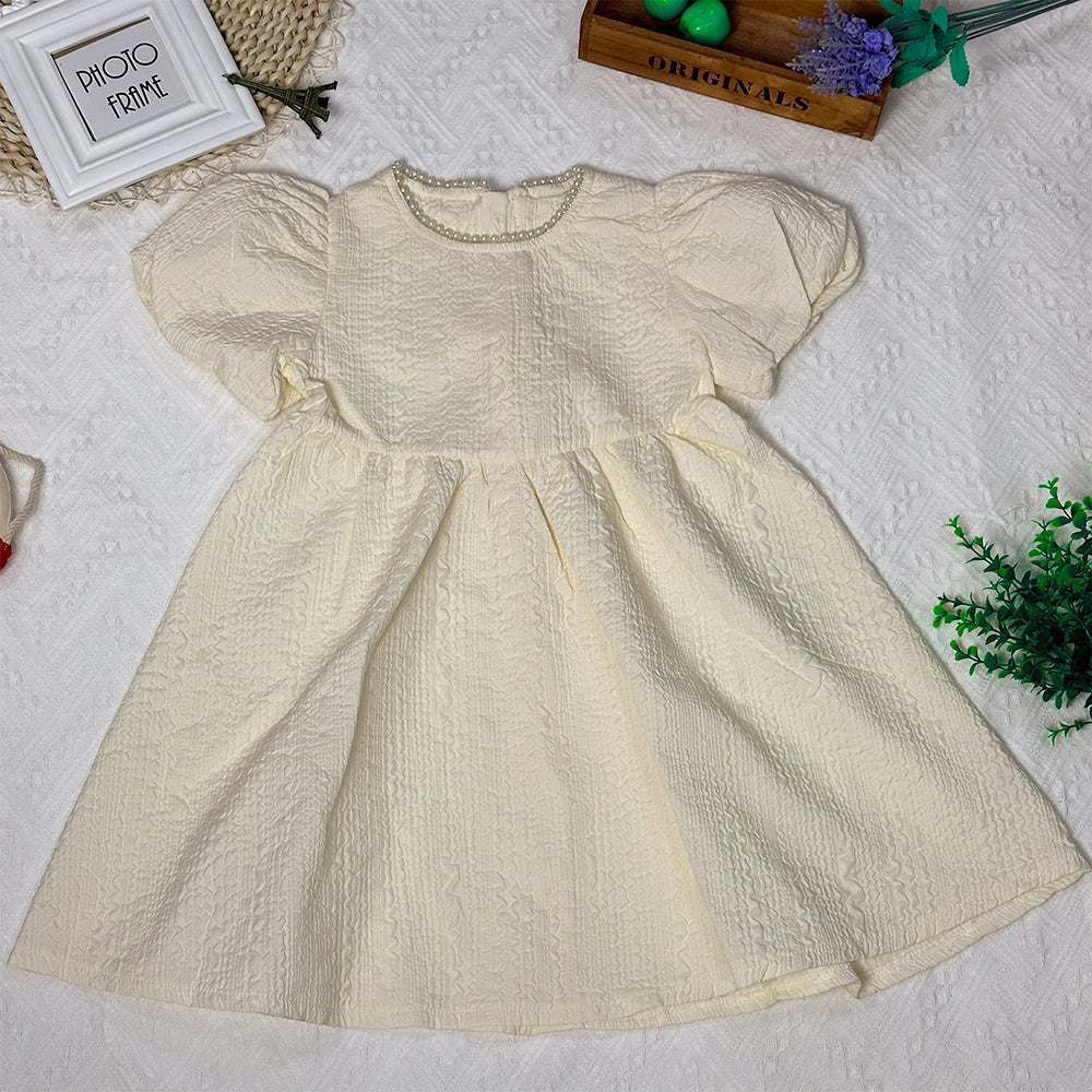 Girl's Dress 2023 Summer New Cute Pearl Collar Bubble Sleeves Beige Princess Dress