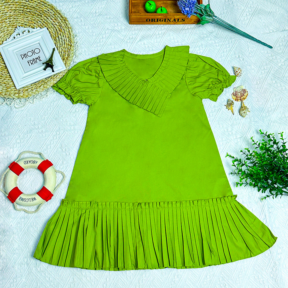 2023 Summer New Korean Style Sweet Bubble Sleeve Loose Slimming Pleated Dress for Girls