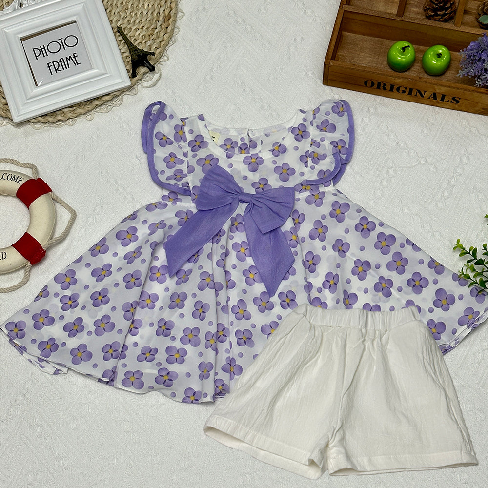 2023 Summer New Cute Flutter Sleeve Dress for Girls with Butterfly Bow and Floral Pattern