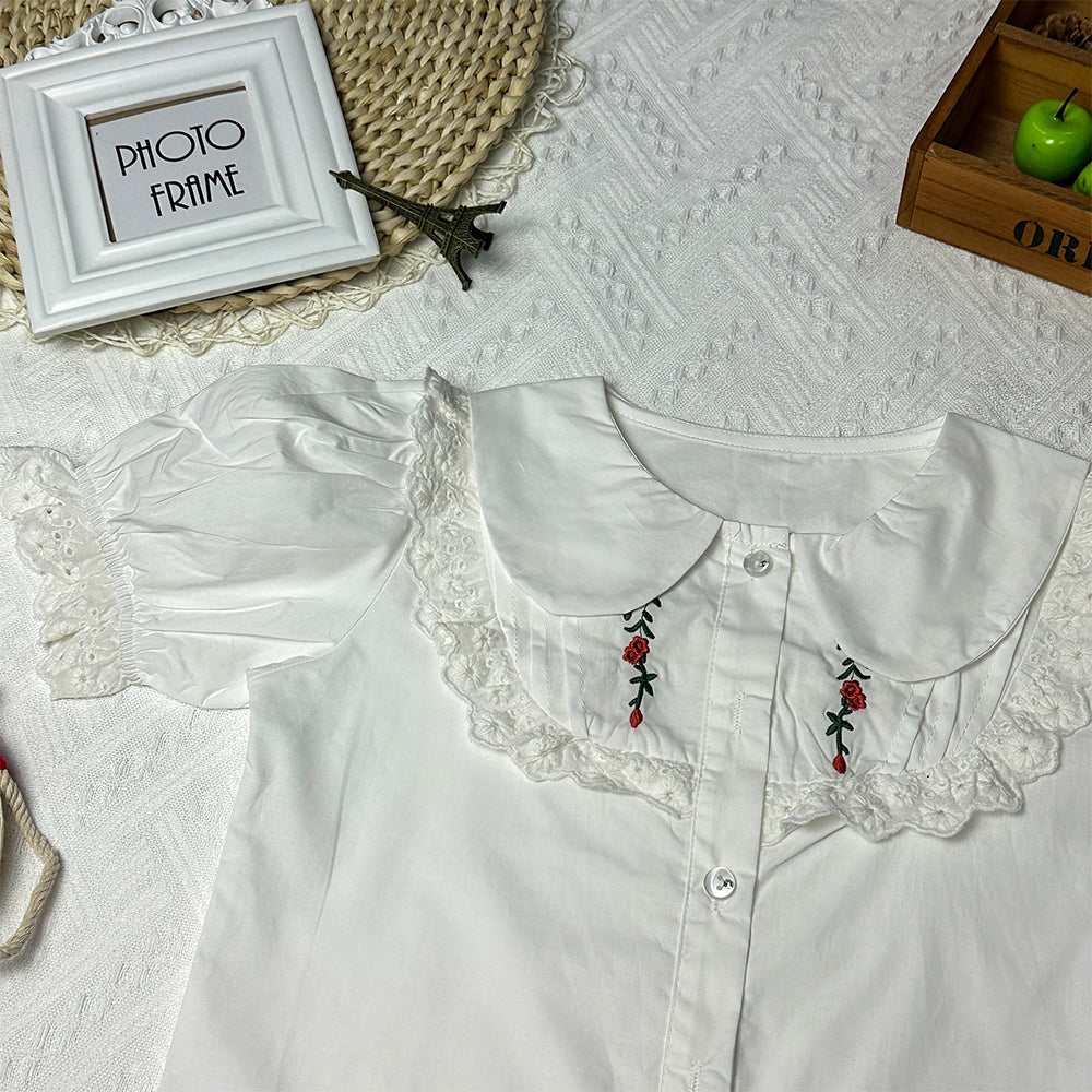 2023 Summer New Doll Collar Cute Embroidered Girl's Shirt with Fashionable Bubble Sleeves