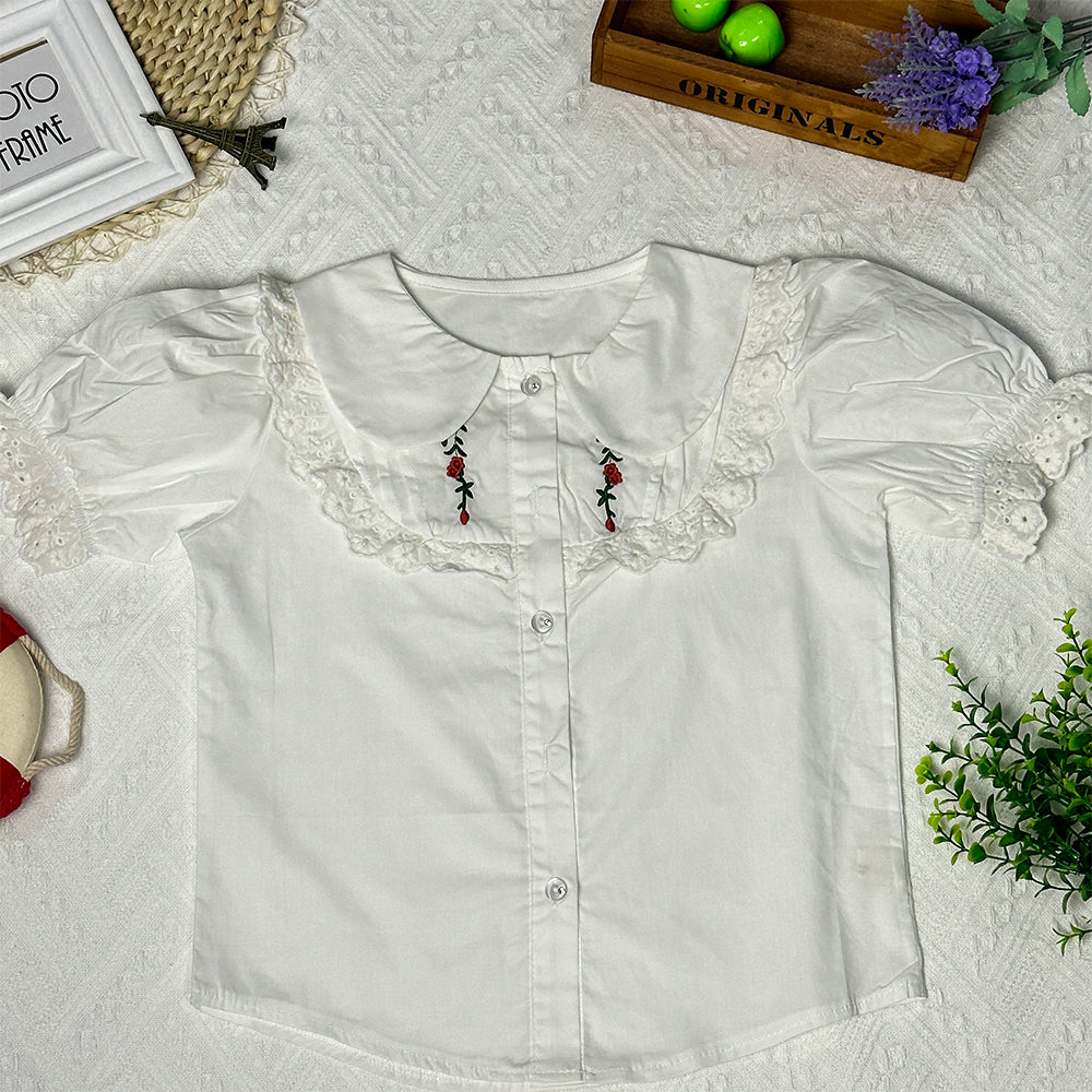 2023 Summer New Doll Collar Cute Embroidered Girl's Shirt with Fashionable Bubble Sleeves