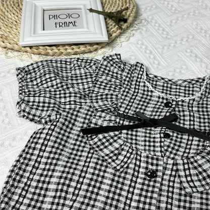 2023 Summer New Arrival Black and White Checkered Lace Collar Two-Piece Set, Korean Version, Stylish Outfit for Girls.