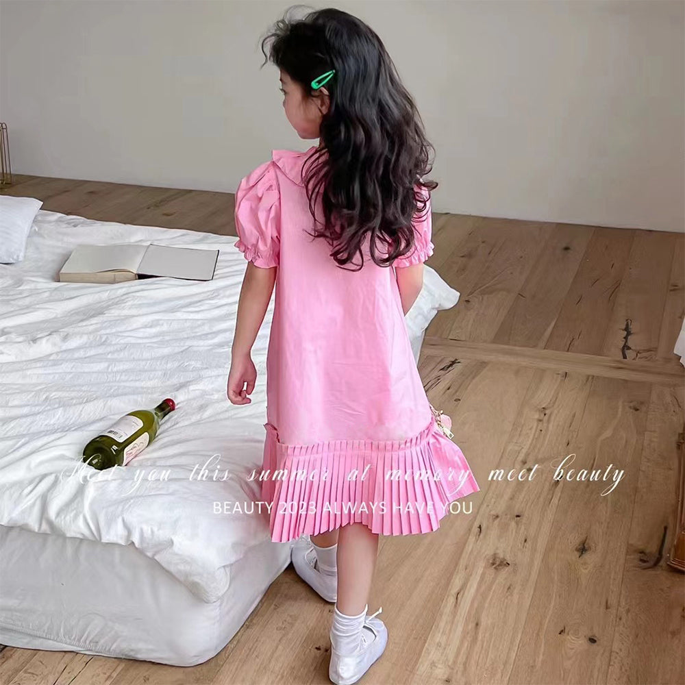 2023 Summer New Korean Style Sweet Bubble Sleeve Loose Slimming Pleated Dress for Girls